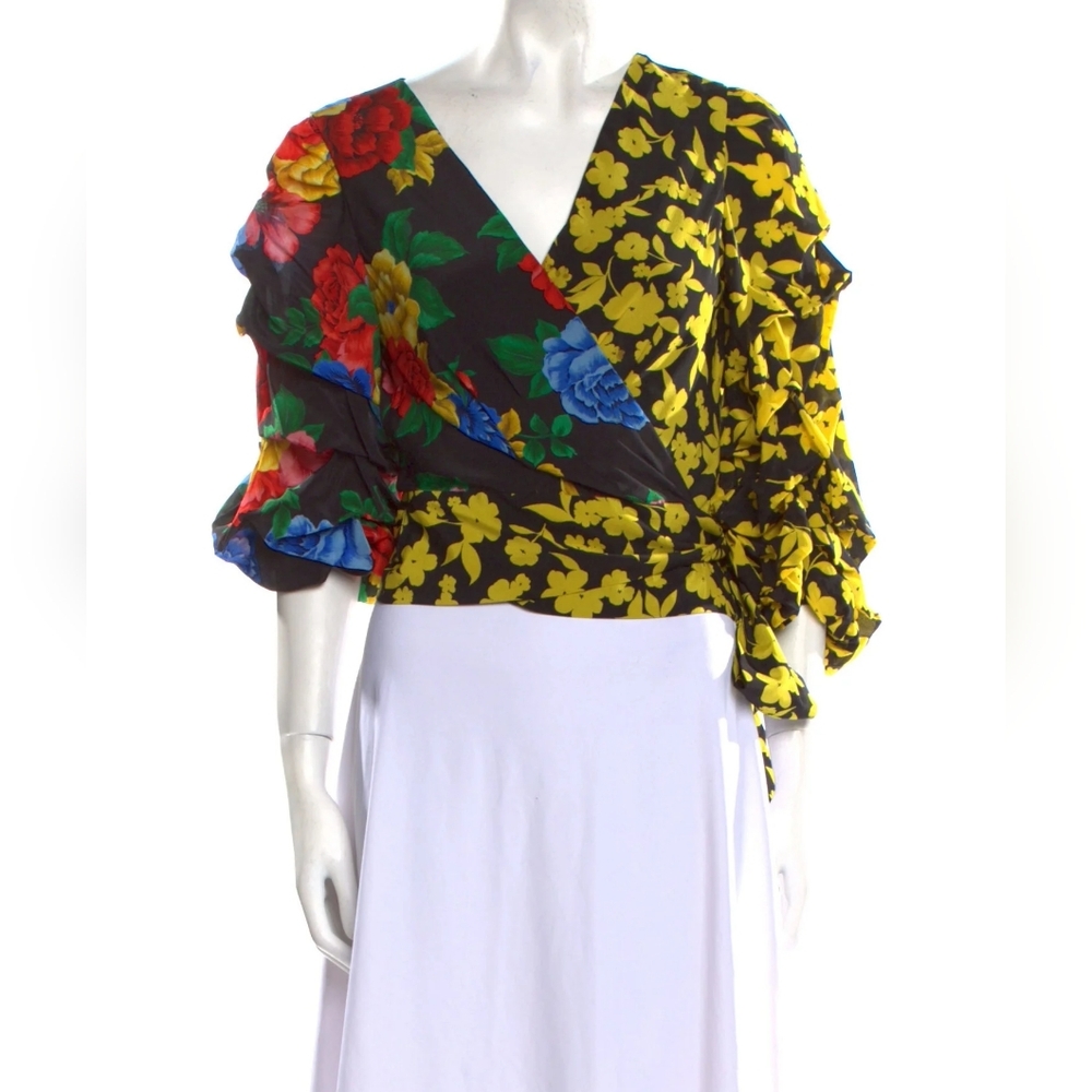 NWT Alice + Olivia Floral Wrap Blouse with Ruffle Sleeves